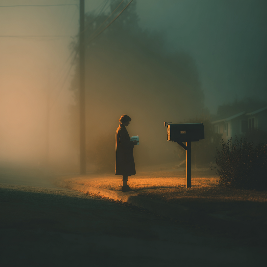 A person walking alone toward a mailbox at dusk