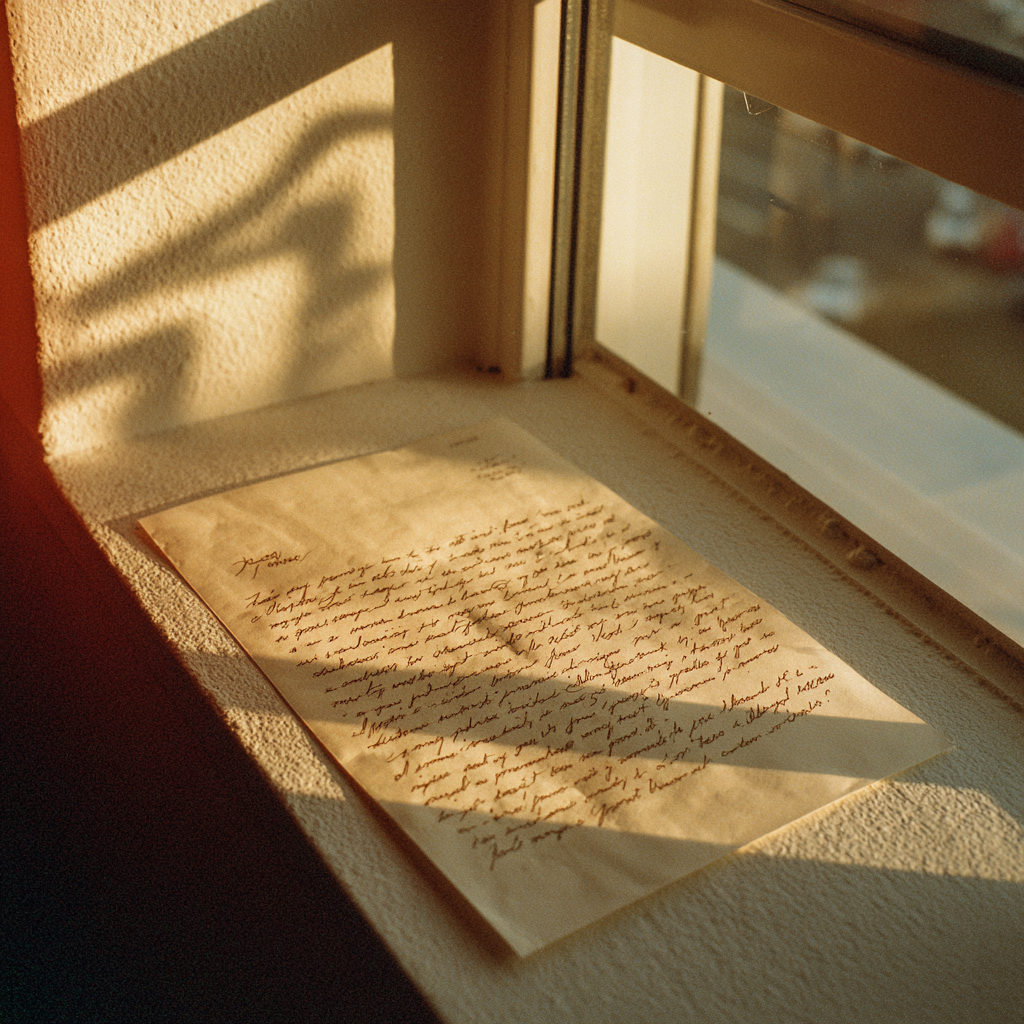 A single handwritten letter resting gently on a dusty window sill