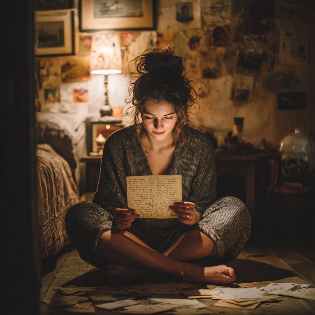 Woman sitting on bedroom floor reading letters