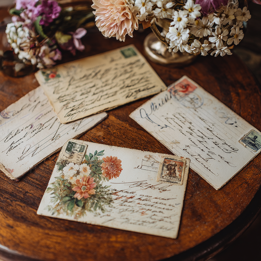 Overhead view of four vintage postcards arranged on a wooden desk