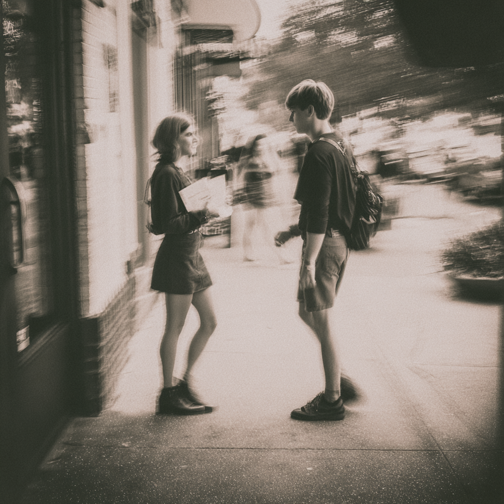 Two strangers passing each other on a sidewalk at sunset, softly blurred